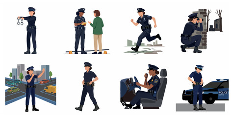 Diverse female police officers performing various law enforcement duties in flat vector illustration style. © Karbeel