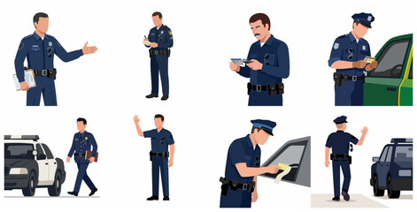 Police Officer Character Set Performing Various Law Enforcement Duties and Traffic Control Vector Illustration © Karbeel