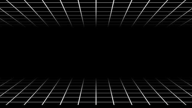 Abstract digital perspective background with white glowing grid lines on a dark black surface for futuristic technology or gaming design concepts in a simple minimal style