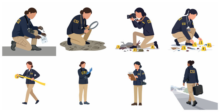 Set of female forensic investigators or CSI agents working on a crime scene, collecting evidence, taking photos, and documenting clues. Flat vector illustration.
