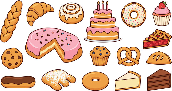 Bakery vector icon set with cake bread croissant donut pie cupcake muffin cookie pretzel and pastry sweets