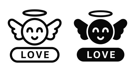 Naklejka premium Angel icon set with wings halo and love text label in outline and solid black style for graphic design projects