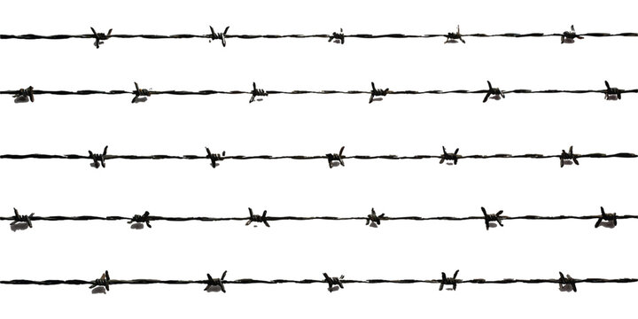 Five parallel lines of sharp metal barbed wire for security and boundary fencing
