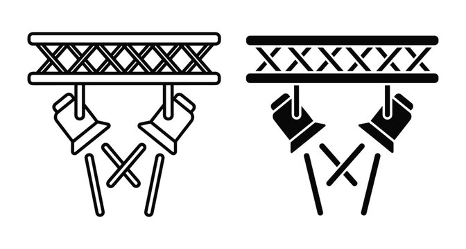 Stage lighting truss with spotlights and crossing light beams icon set in outline and solid black silhouette style for events