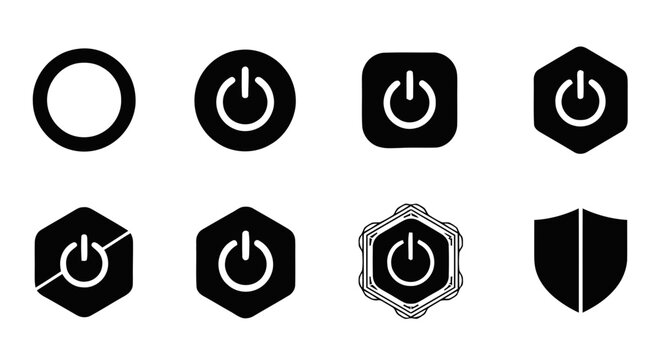 Vector illustration of set of power button icons in various shapes and styles on a transparent background