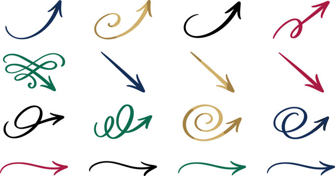 Elegant Calligraphy Arrow Indicator IcDecorative Flourish Arrow Indicator Icon Set with Hand Dra