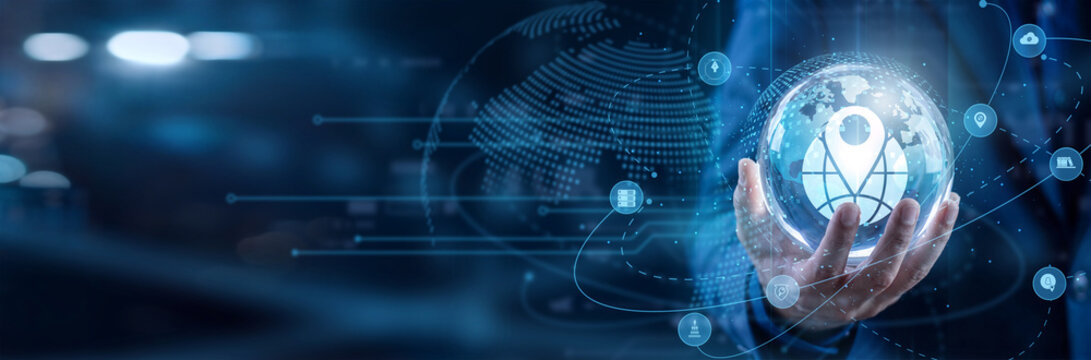 Mapping specialist hold circle in hand to analyze the comprehensive GIS network database. They manage global geographic information system data layers, satellite imagery, and spatial maps.