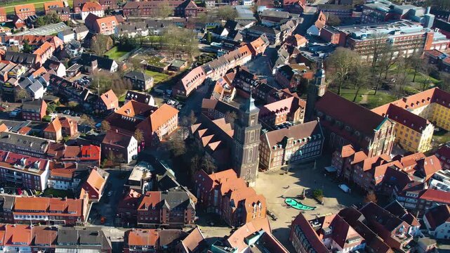 Aerial view beside the old town above the city Coesfeld in north Germany, on a sunny noon in autumn.