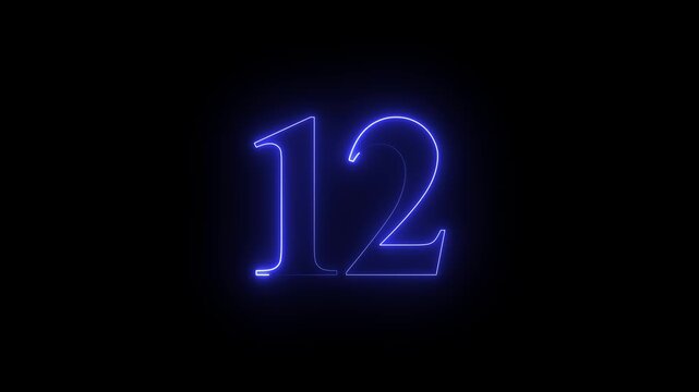 Glowing neon number 12 animation on a dark black background, bright luminous outline, smooth flickering light effect, futuristic digital style, elegant energy pulses, subtle particle sparks, cinematic