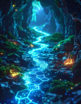 Mystical Cave Pathway: A glowing blue stream flows through a mysterious cave, illuminating hexagonal patterns on the rocks with an otherworldly luminescence.