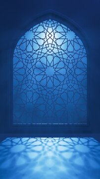 Moonlight shining through an Islamic mosque window, atmospheric Ramadan Kareem 3D animation. Vertical video.