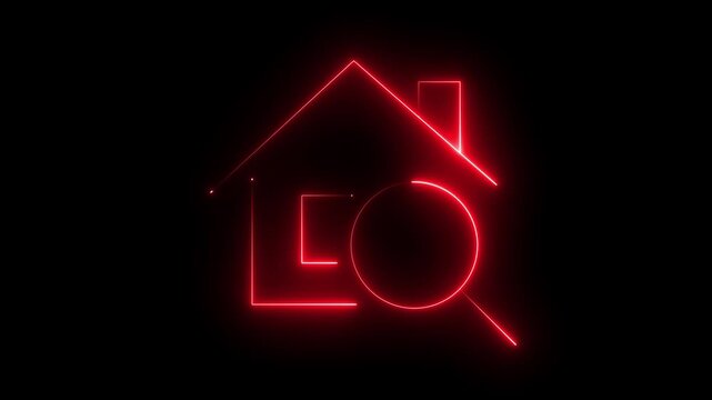 Glowing red neon house icon with a magnifying glass symbol representing real estate search and property hunting concept on a black background