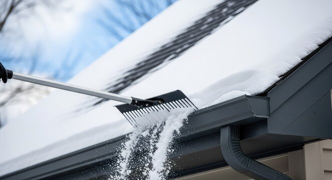 A long metal tool removes thick white snow from a residential roof gutter during winter to prevent ice dams and water damage to the home, rake, buildup, outdoor