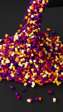 Black polypropylene plastic granules pouring from a cup onto a resin pellet pile on black background, 3D render dynamic Vertical video.