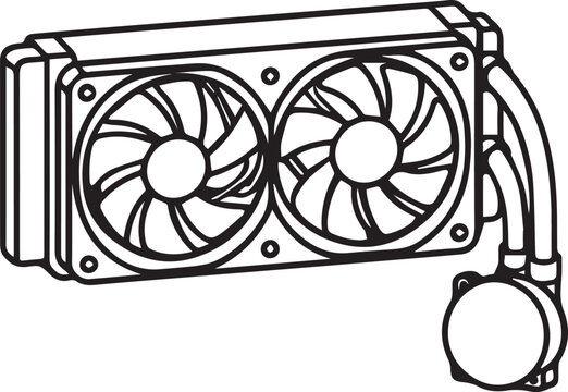 Dual-Fan AIO Liquid CPU Cooler Radiator with Pump Block, PC Gaming Hardware Line Art black and white vector illustration
