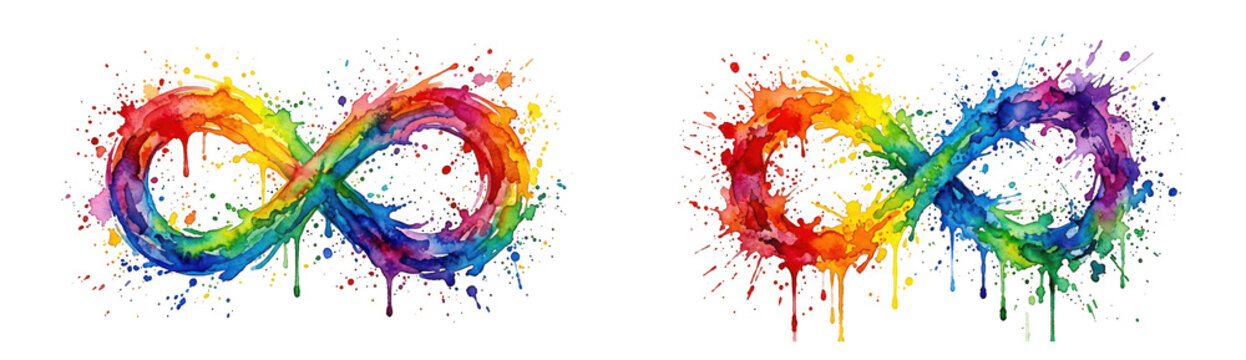Watercolor infinity symbol with vibrant rainbow paint splashes isolated on transparent background