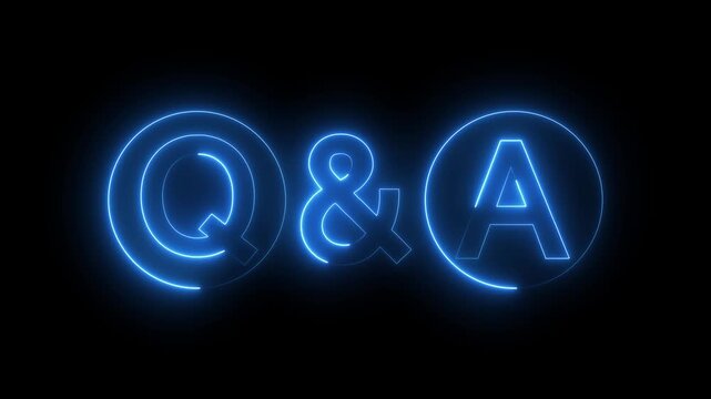 Glowing blue neon q and a letters inside circles for question and answer concept on dark black background