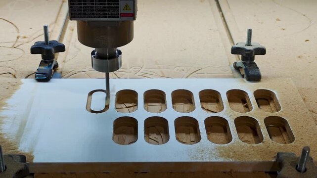 Close up of CNC milling machine spindle carving multiple slots during manufacturing