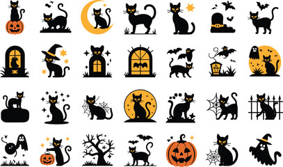 Fototapeta premium Set of halloween black cat silhouettes, spooky felines with pumpkins and bats