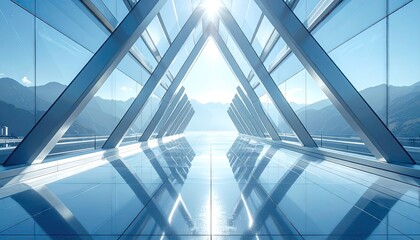 Fototapeta premium Modern architectural interior design with large windows and scenic mountain view