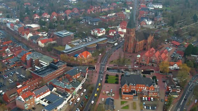  Aerial view beside the old town above the city Papenburg in Germany, on a sunny noon in autumn.
