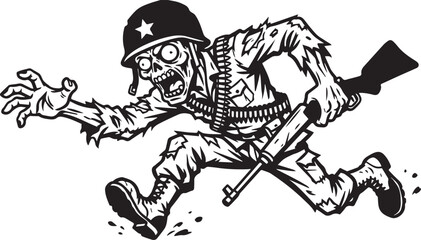 Fototapeta premium Charging Zombie Soldier with Star Helmet and Ammo Belt Sprinting Forward with Rifle, bold graphic black and white vector illustration 