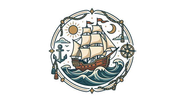 Nautical sailing ship illustration with anchor, compass, sun, moon, and ocean waves.