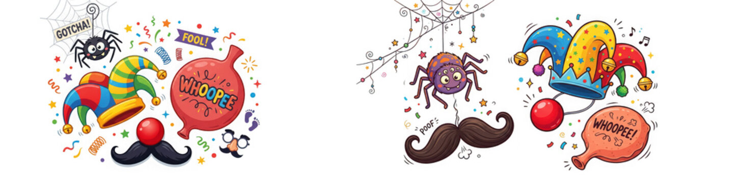 April fools day prank items set including jester hat, whoopee cushion, fake mustache, and spider isolated on transparent background