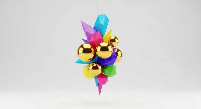 Abstract holiday composition featuring sharp geometric shapes, gold spheres, and colorful polygons arranged like festive hanging ornaments, sphere, triangle, red