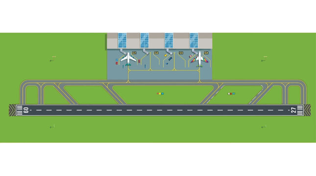 Airport Layout Illustration With Runways And Airplane Gates Top down View