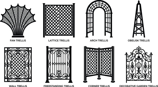 Garden trellis and decorative lattice fence black silhouette icon set isolated on white background