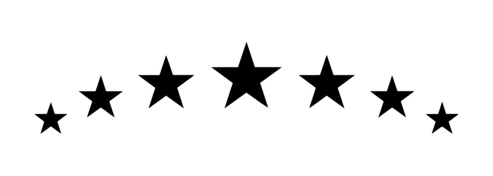 Seven stars arranged in an arch formation symbol for quality and top tier rating with five star, feedback
