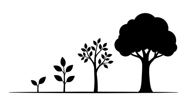Black silhouette illustration showing stages of tree growth from seedling to mature forest tree