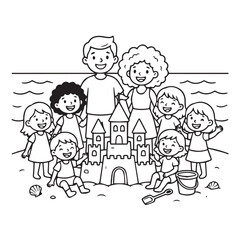 Fototapeta premium Joyful Family Gathering Around Sandcastle on Shoreline, Cheerful Summer Line Art black and white vector illustration 