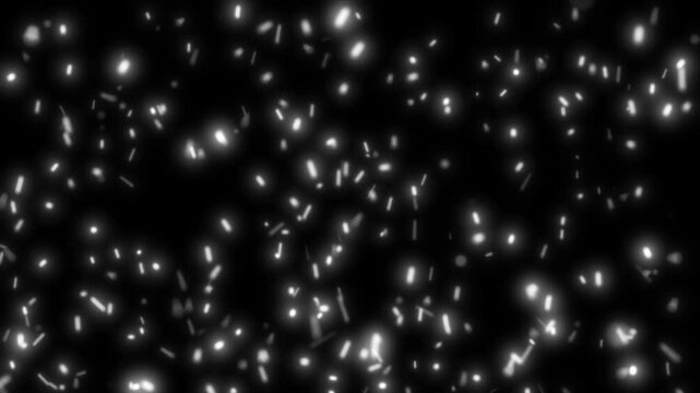 Abstract microscopic view of crystalline structures with bright light reflections and scattered particles
