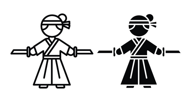 Japanese samurai warrior icon set featuring traditional kimono hakama and katana swords in outline and solid black minimalist vector style