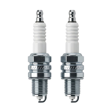 Pair of pristine automotive spark plugs with silver and white design