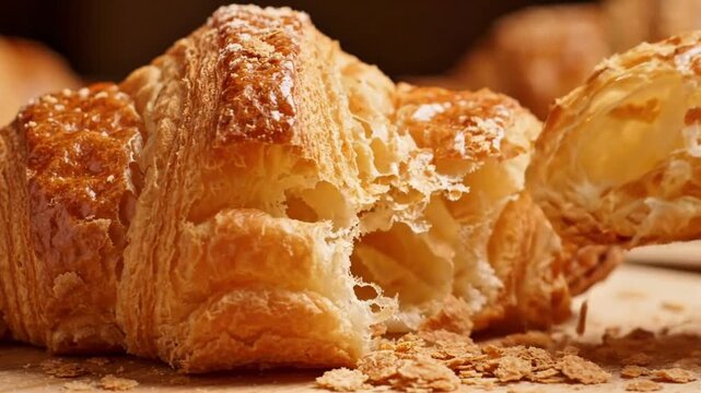 Hyper-realistic macro video revealing buttery croissant layers breaking apart, visible flaky pastry sheets, golden baked texture, warm bakery lighting, slow-motion crumb movement