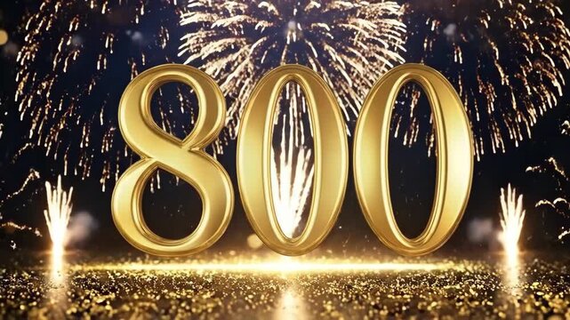 Golden number 800 with fireworks celebration background. 800th anniversary, milestone achievement, subscriber count, or follower celebration concept with sparkling gold glitter and bokeh.