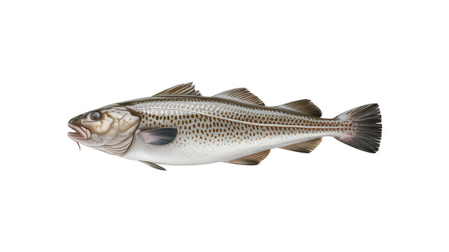 A single fresh atlantic cod fish viewed from the side, isolated on a white background, featuring a spotted pattern and silver white scales