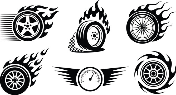 Flaming car tires and winged speedometer icons set