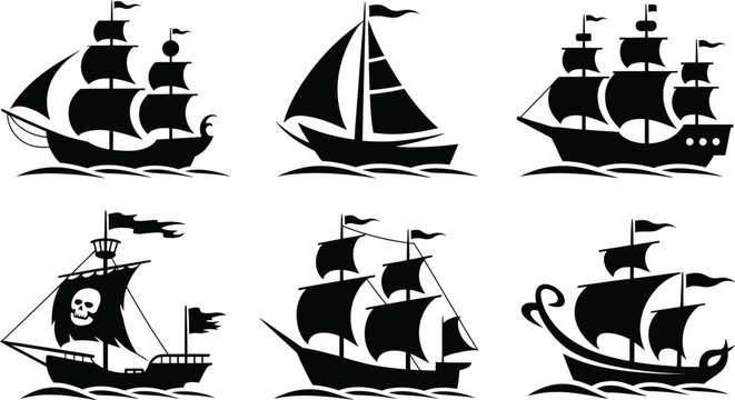 Nautical sailing ship silhouette icon set