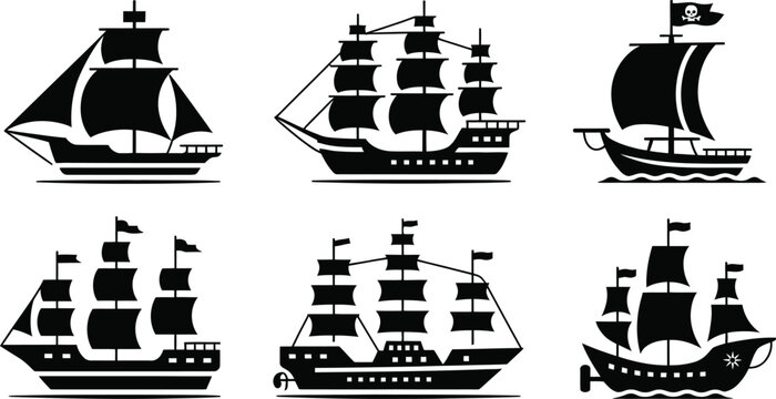 Nautical sailing ship silhouette icon set