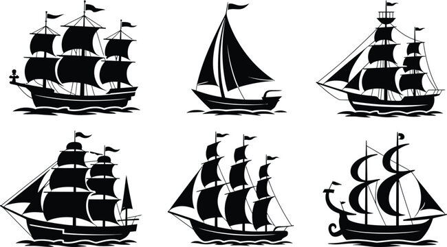 Nautical sailing ship silhouette icon set