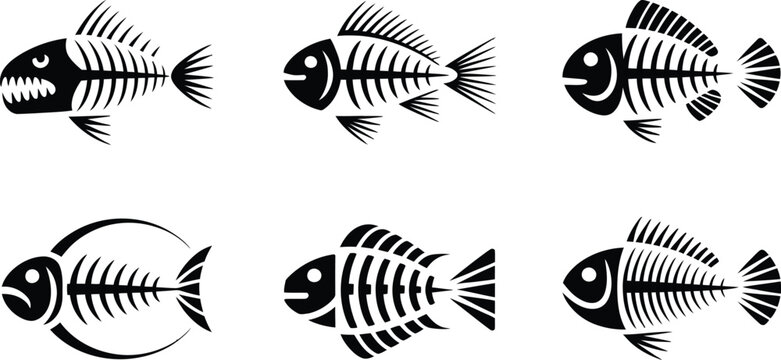  fish skeleton silhouettes design vector illustration