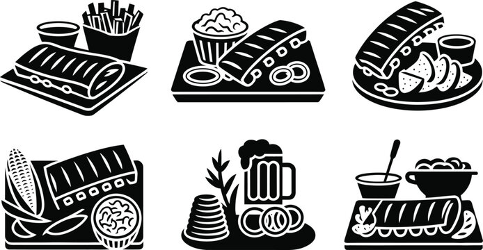 BBQ ribs pub food combo meal silhouette vector set