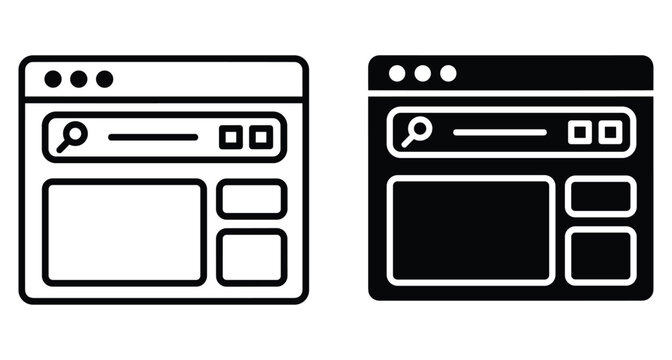 Web browser window icon set with search bar and layout elements in outline and solid black styles for interface design