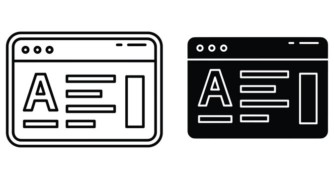 Web browser window icons showing text content layout with letter A and paragraph lines for website design and interface development
