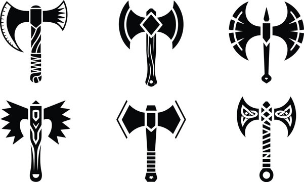 Medieval Fantasy Battle Axe Vector Silhouette Set