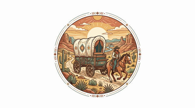 Wild West Wagon Train Journey with Cowboy Rider in Desert Landscape